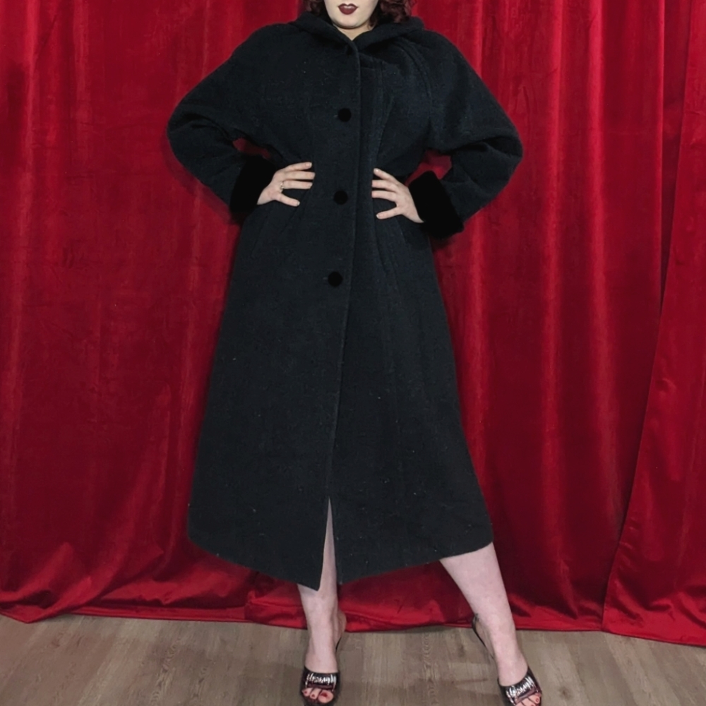 Vintage Halston Red Label charcoal grey wool coat with black velvet trim - 12